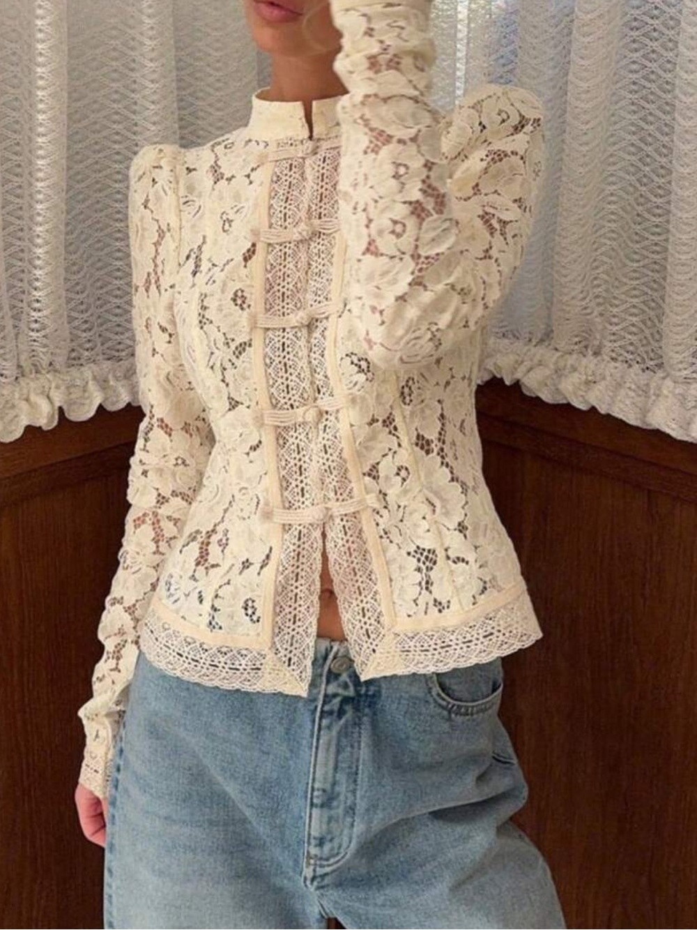Lace crochet trim mandarin frog button ivory Cream Long-Sleeve Top - Picture 6 of 9